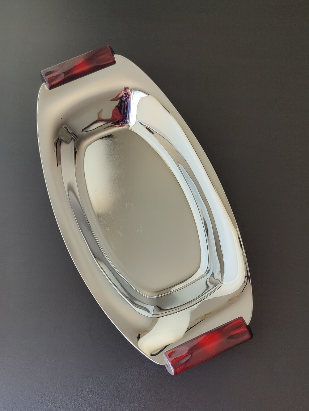 GloHill | Gourmates | MCM chrome Serving Tray w 🍒 red Bakelite Handles